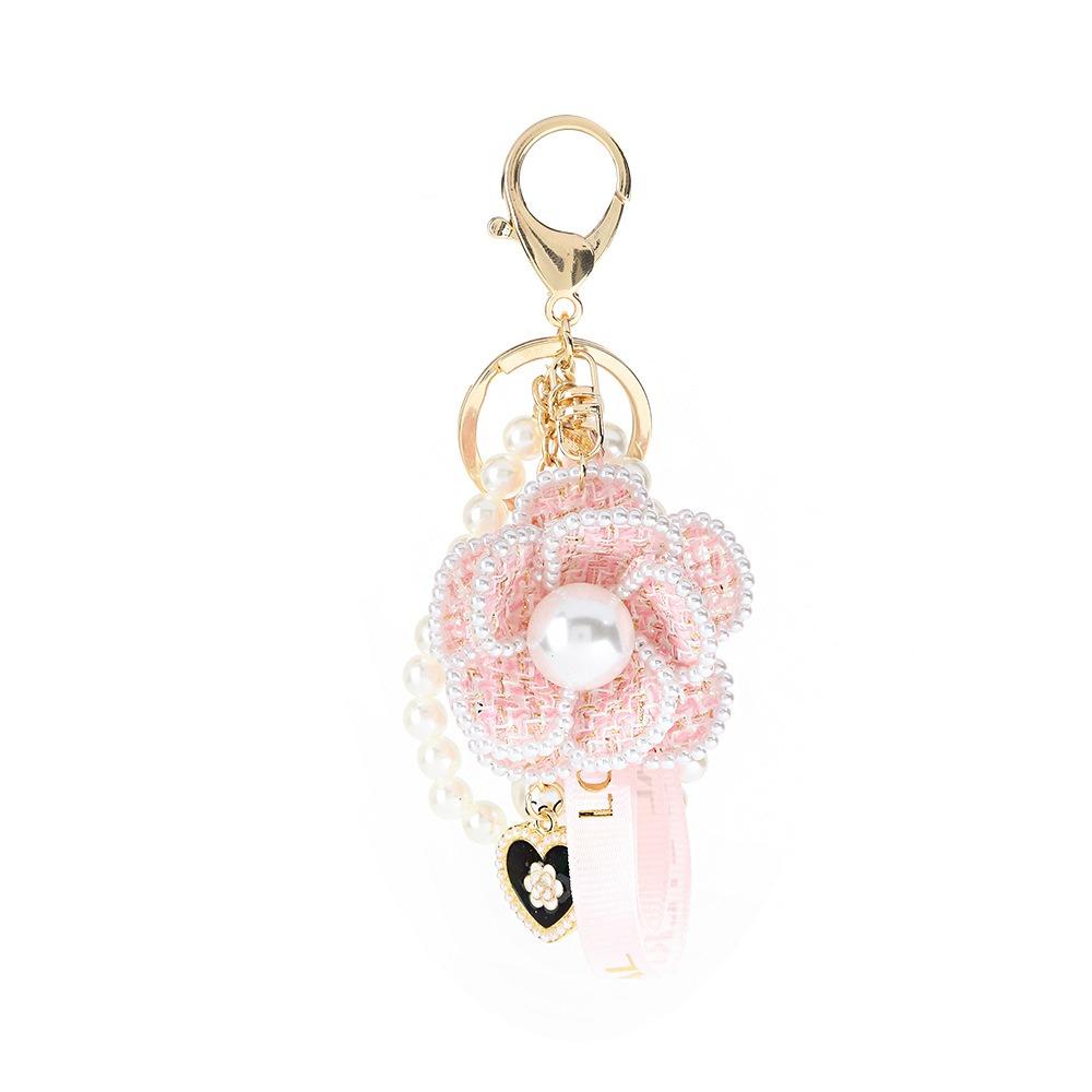 Korean Camellia Flower Keychain Letter Bag Hanging Pendant Fashion Car Key Ring  Girl