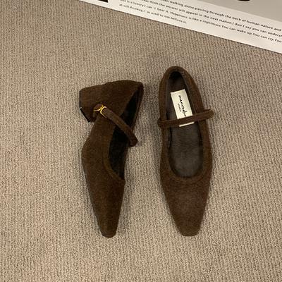 Модные женские новые зимние туфли из хлопка на толстом каблуке, модные замшевые туфли с острым носком и неглубоким вырезом, нескользящие туфли с низким верхом