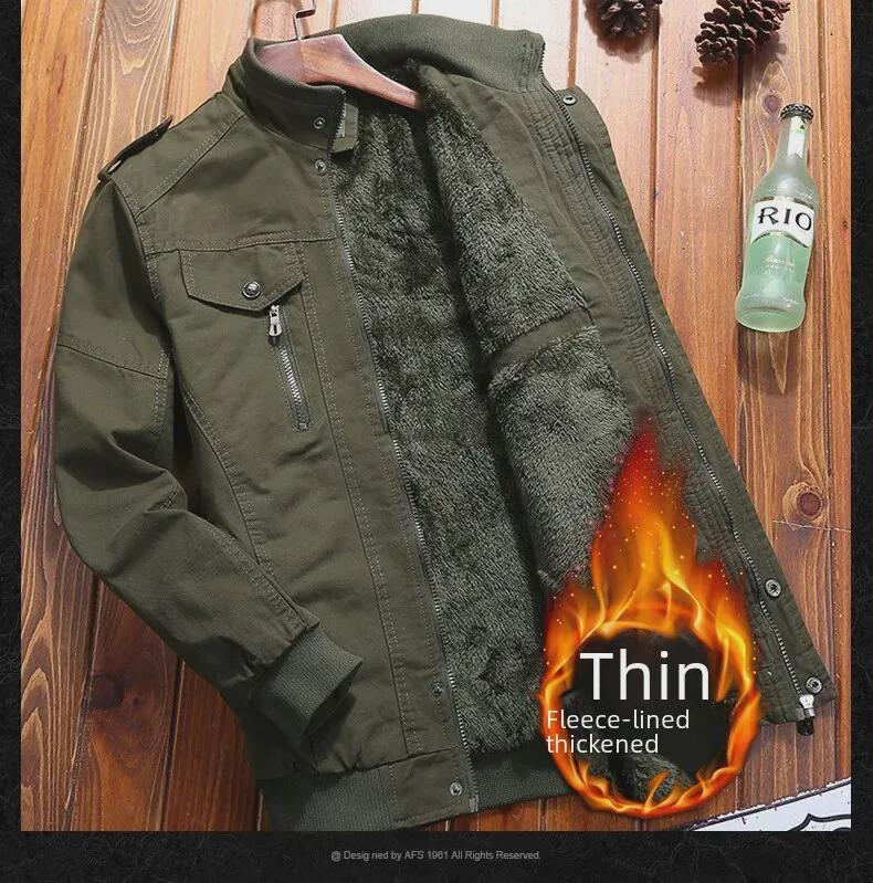 Men's Military-Style Washed Cotton Jacket with Velvet Lining