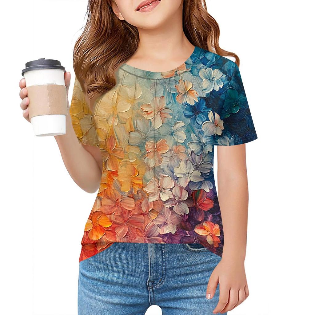 Детская футболка Fold A для девочек, летняя модная куртка с круглым воротником и цветочным принтом с короткими рукавами