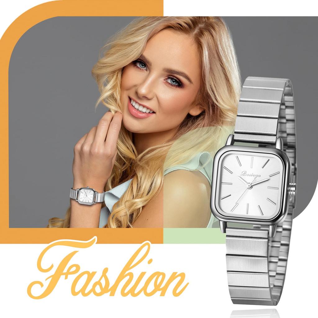 Cute Square Stainless Steel Strap with Adjustable Quartz Fashion Watch Perfect for or as a Gift for Her Women's Watch, Waterproof Length, Movement, -