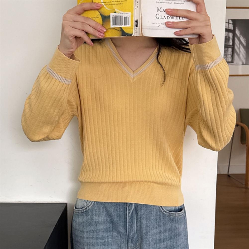 New ArriVals Open Run Women Color Block V Neck Autumn Ribbed Knit Yellow Burgund