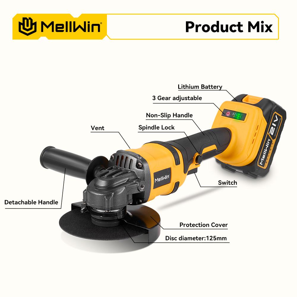 MELLWIN Аккумуляторная угловая шлифмашина 3000 Вт с бесщеточным двигателем и двумя аккумуляторами 18 В