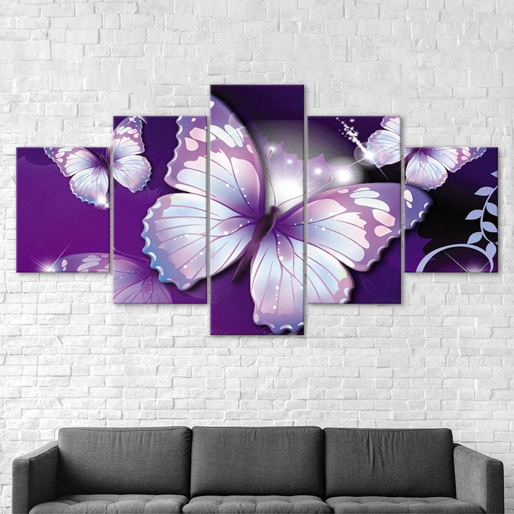 Purple Sparkly Butterflies 5 Piece Five Panel Wall Canvas Print Modern Poster Pictures Home Decor Gift For Him For Her