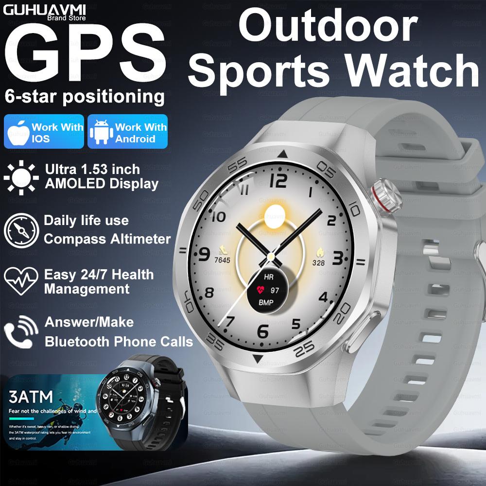 Новые умные часы с GPS-позиционированием для мужчин, 1,53-дюймовый AMOLED HD-экран, компас, датчик сердечного ритма, водонепроницаемость 3ATM, звонки, спортивные, деловые умные часы