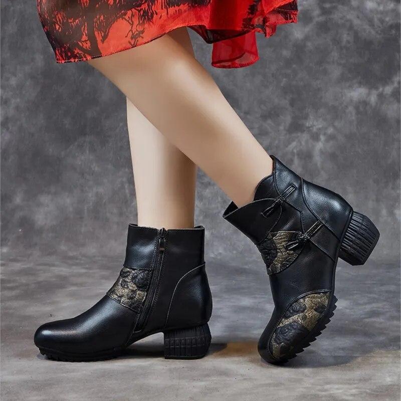 Johnature Женские короткие сапоги из натуральной кожи в этническом стиле с принтом в стиле ретро, ​​универсальные удобные туфли на толстом каблуке