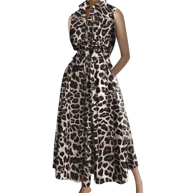 ZANZEA Женское повседневное летнее платье без рукавов с отложным воротником и леопардовым принтом