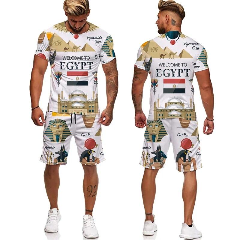 Мужская спортивная одежда из двух предметов, древнеегипетская футболка с 3D принтом, шорты фараона, уличная одежда для пар, летняя новинка