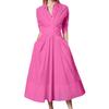 Women Solid Color Mid-rise Shirt Dress V-Neck Long Sleeve Belt Buttons Half Placket Pockets Loose Hem Midi Dress Workwear