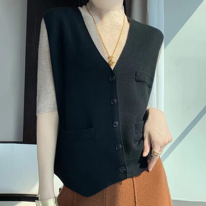 Весенний новый жилет с V-образным вырезом, женский вязаный жилет без рукавов, свободный и стройнящий свитер-жилет