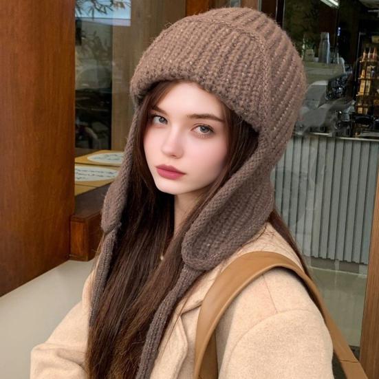 Женская вязаная шапка на шнуровке, однотонная, с защитой ушей, зимняя эластичная шапка, ветрозащитная шапка-ушанка для холодной погоды