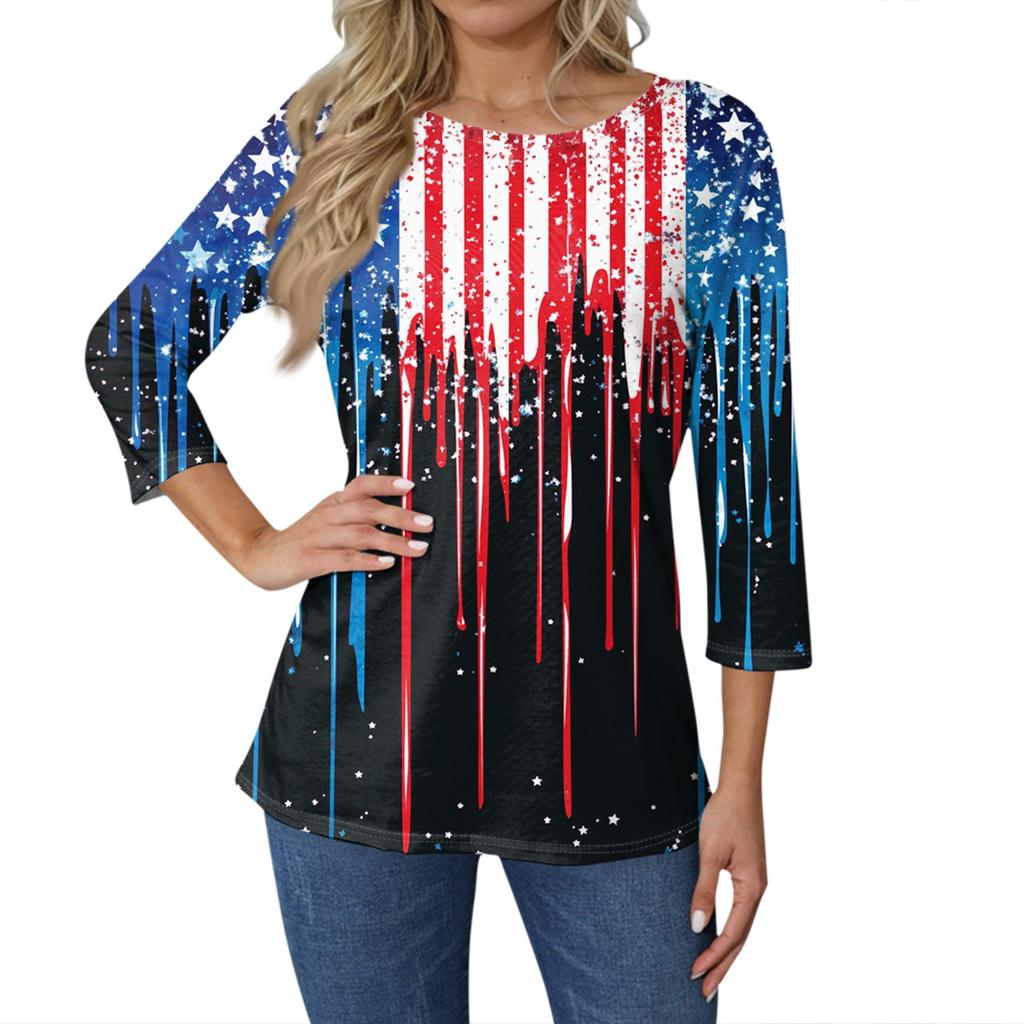 Women's Fashion Casual Seven-Point Sleeve Print Round Neck Top