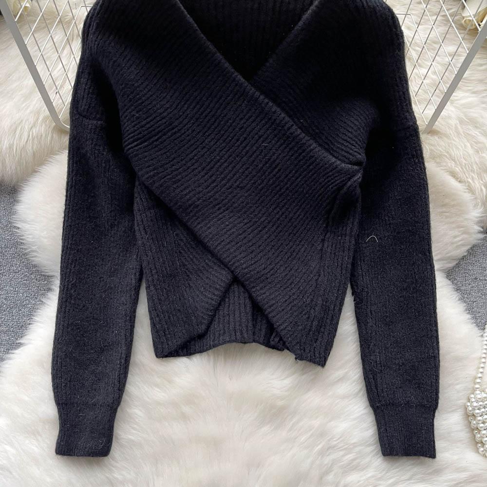 Осенне-зимний корейский свободный тонкий вязаный свитер с v-образным вырезом и нерегулярным ленивым ветром