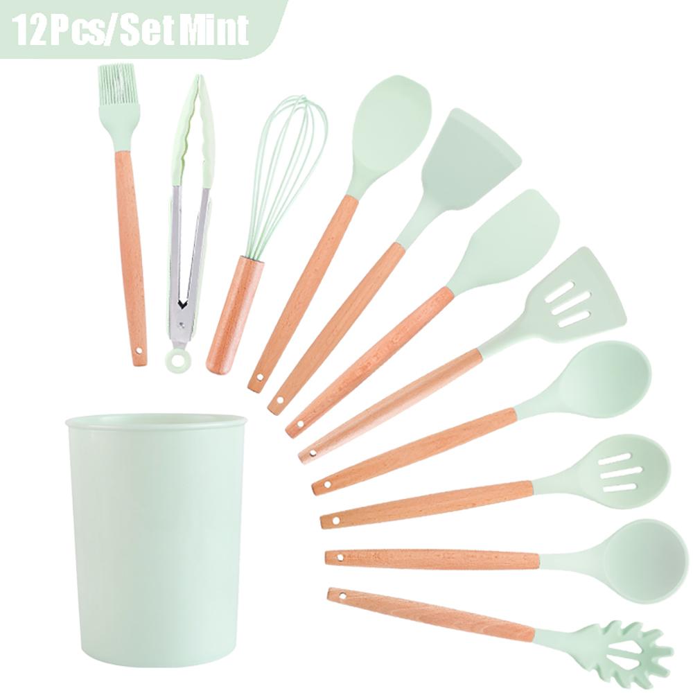 Силиконовые кухонные принадлежности, набор кухонных принадлежностей, антипригарная посуда, лопатка, лопатка, венчики для яиц, деревянная ручка, кухонный набор инструментов для приготовления пищи