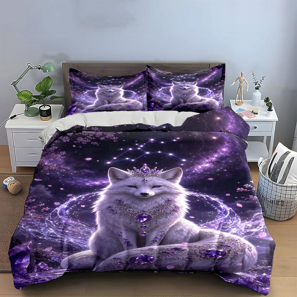 Ethereal Fox with Amethyst Crystals Bedding Duvet Cover Set (1*Duvet Cover 2*Pillowcases, without duvet insert)