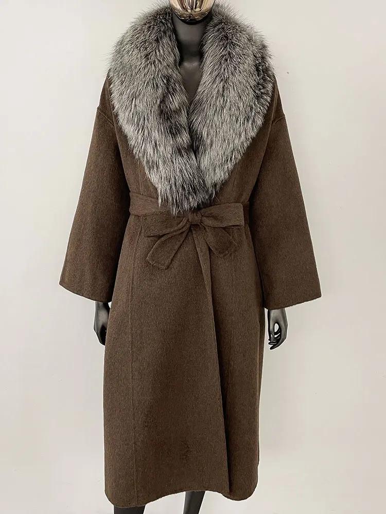 OFTBUY Натуральная шуба 2024 года, женская верхняя одежда больших размеров, зимняя женская куртка с воротником из натурального меха лисы и капюшоном, пальто из кашемировой шерсти