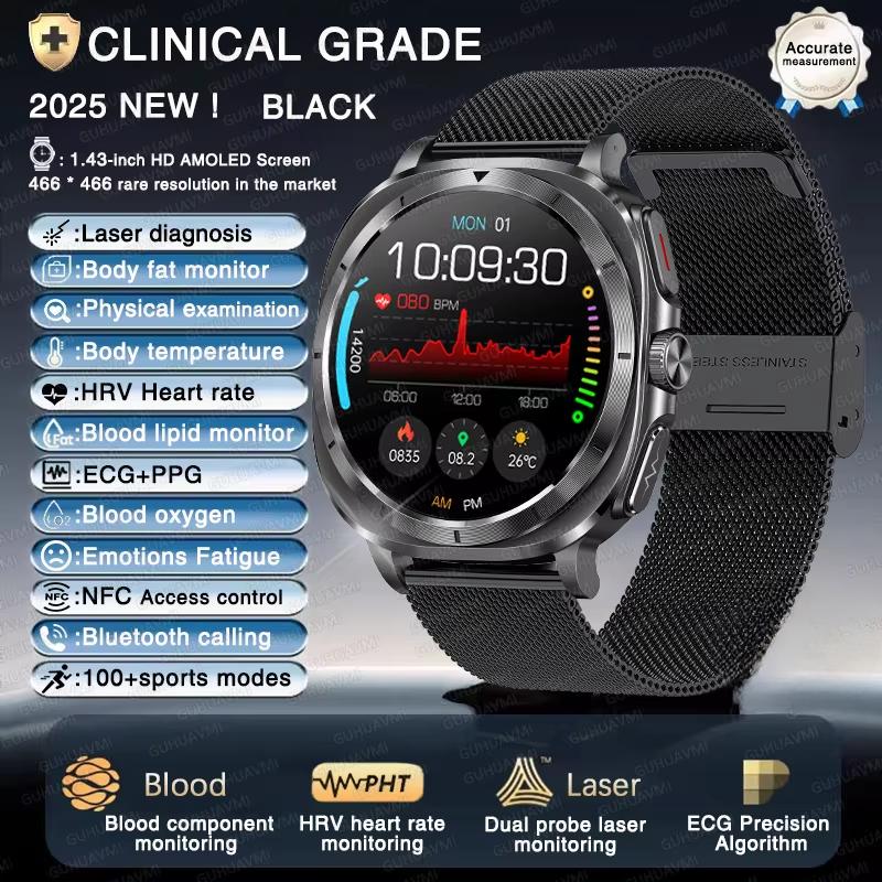 2025 New Accurate Measurement Uric Acid Blood Fat Blood Pressure Body Analysis Smart Watch ECG+PPG SmartWatch Men for IOS Android