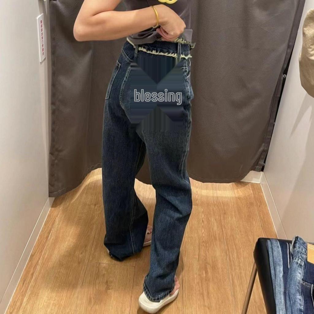 Женские джинсы с высокой талией в стиле ретро с необработанным краем и широкими штанинами - Дизайн весна/лето