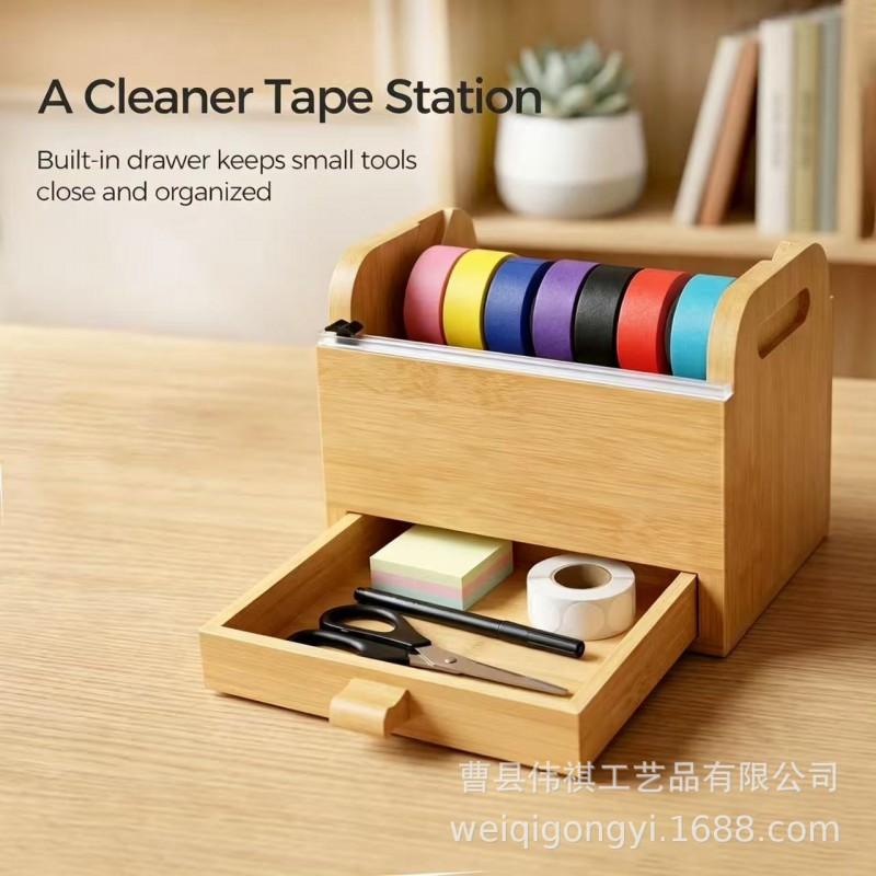 Bamboo Desktop Tape Organizer With Drawer Washi Masking Storage Shelf Journaling Supplies