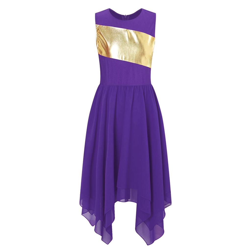 Girls Worship Liturgical Celebration Costume Color Block Sleeveless Asymmetric Hem Lyrical Dance Dress