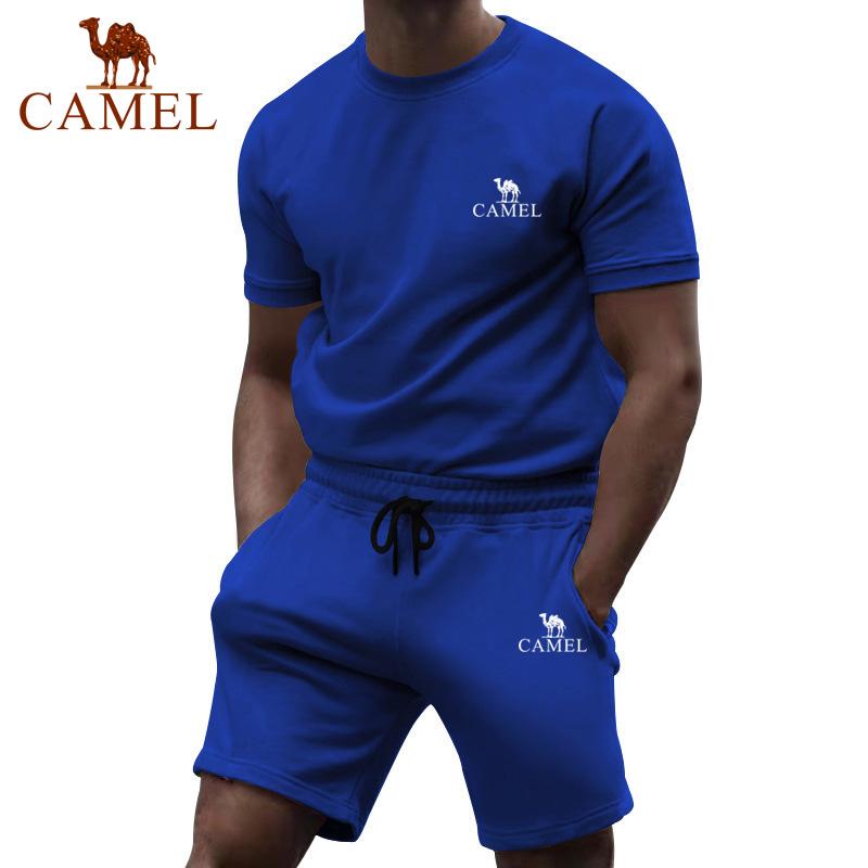 Camel Short Sleeved Men's Summer Casual Fashion Solid Color Two-piece Sports Suit Trendy Quarter Pants