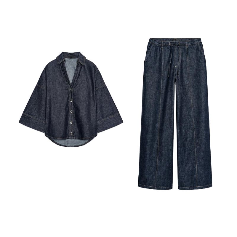 Wide Sleeve Fashion Polo Collar Denim Shirt 7484152 High Waist Wide Leg Jogging Casual Denim 7484151