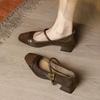 Fashion Vintage Brown Single Shoes Block Heel 2025 New Spliced One Strap Mary Jane Women's Shoes
