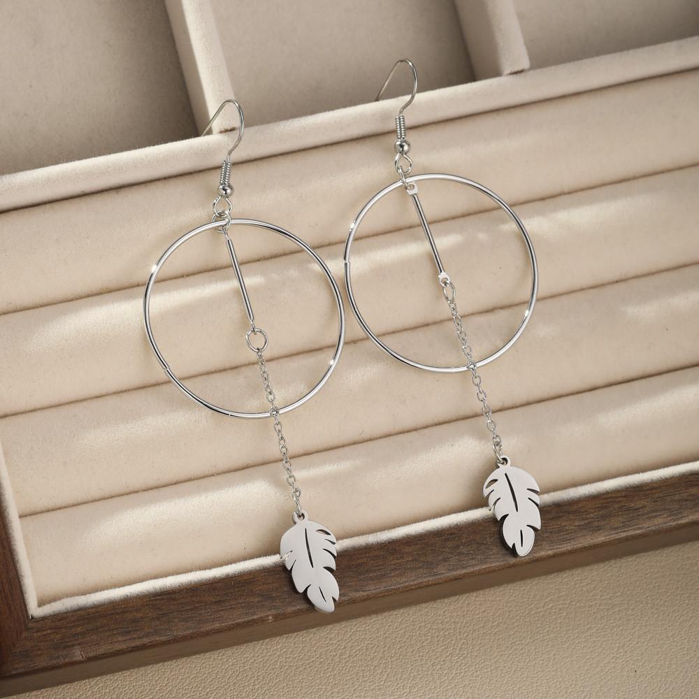 Oversized Stainless Steel Earrings With Leaf Feather Tassels Geometric Design