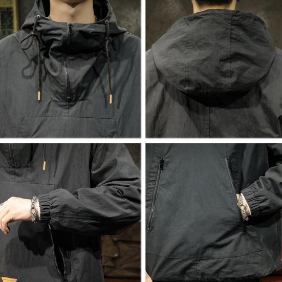 Мужской плащ однотонный длинный рукав полумолния капюшон куртка с карманами на молнии свободный крой тонкая куртка для отдыха
