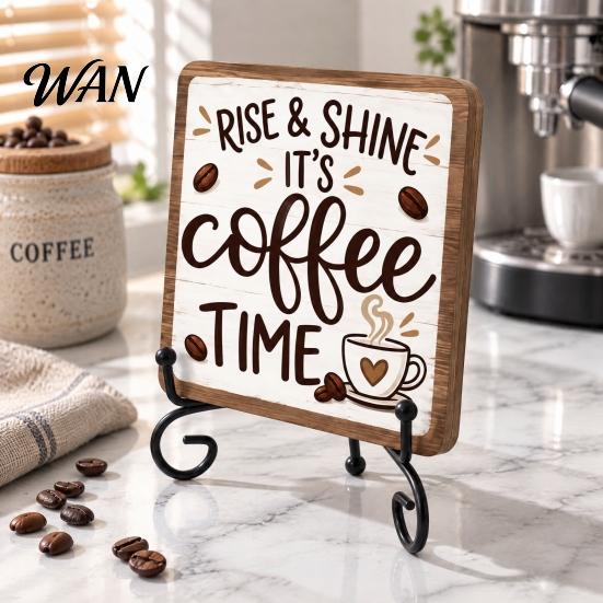 Coffee Decor for Home 5" x Bar Sign, Wooden with Metal Station Accessories Display Rack, Vintage Tabletop Decorations, Gift Lovers