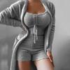 Women's Casual Solid Color Drawstring Plush Vest Shorts Coat Three Piece Suit