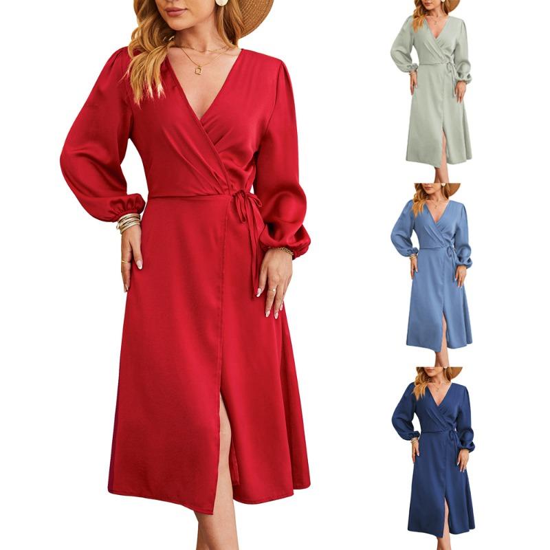 Весенне-осеннее женское платье, однотонное сексуальное платье с v-образным вырезом и разрезом подол