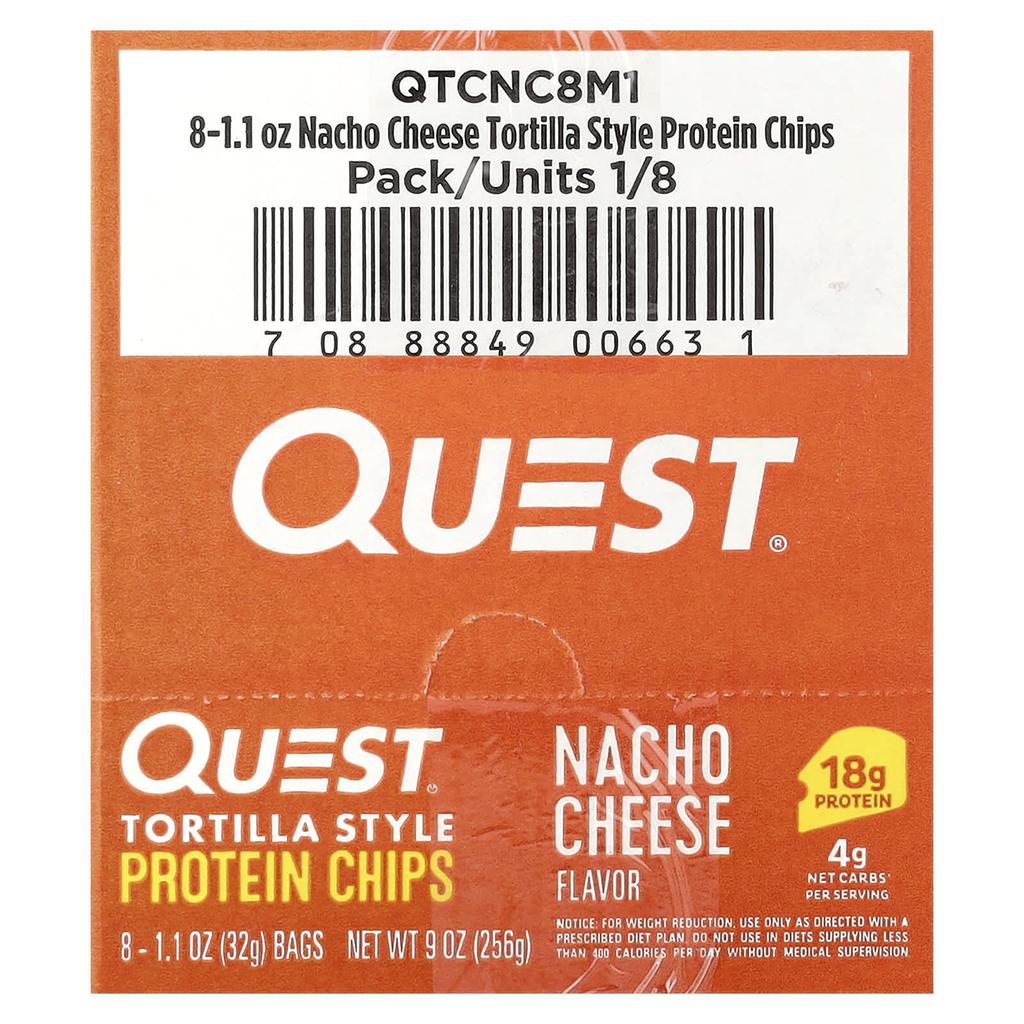 Quest Nutrition Tortilla-Style Protein Chips, Nacho Cheese, 8 Packets, 1.1 Oz (32 G) Each