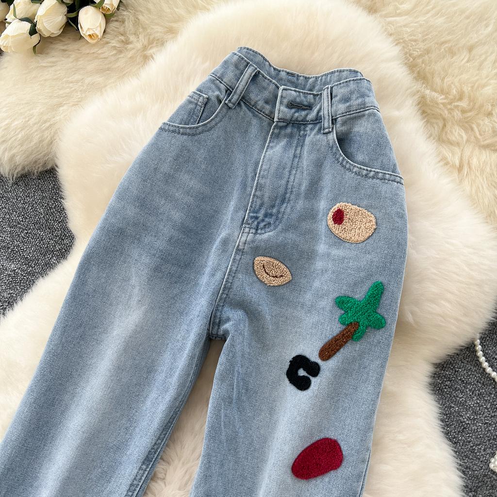 Женские модные вышитые прямые джинсы с высокой талией, повседневные джинсы полной длины с карманом