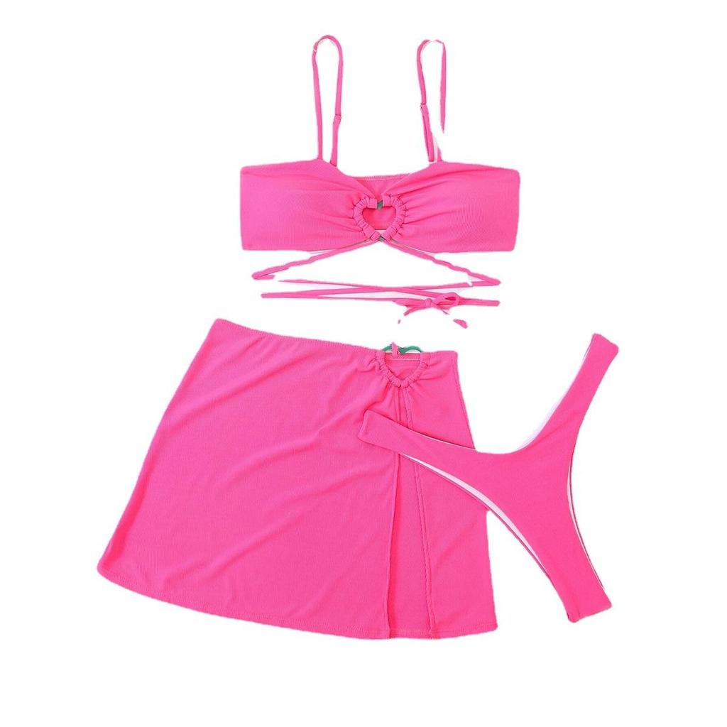 Swimsuit Women's Split Three Piece Set Solid Color Hollow Out Lace Up Sexy Bikini Sets