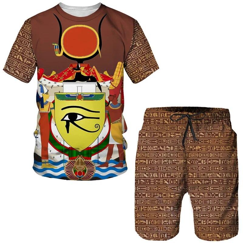 Мужская спортивная одежда из двух предметов, древнеегипетская футболка с 3D принтом, шорты фараона, уличная одежда для пар, летняя новинка