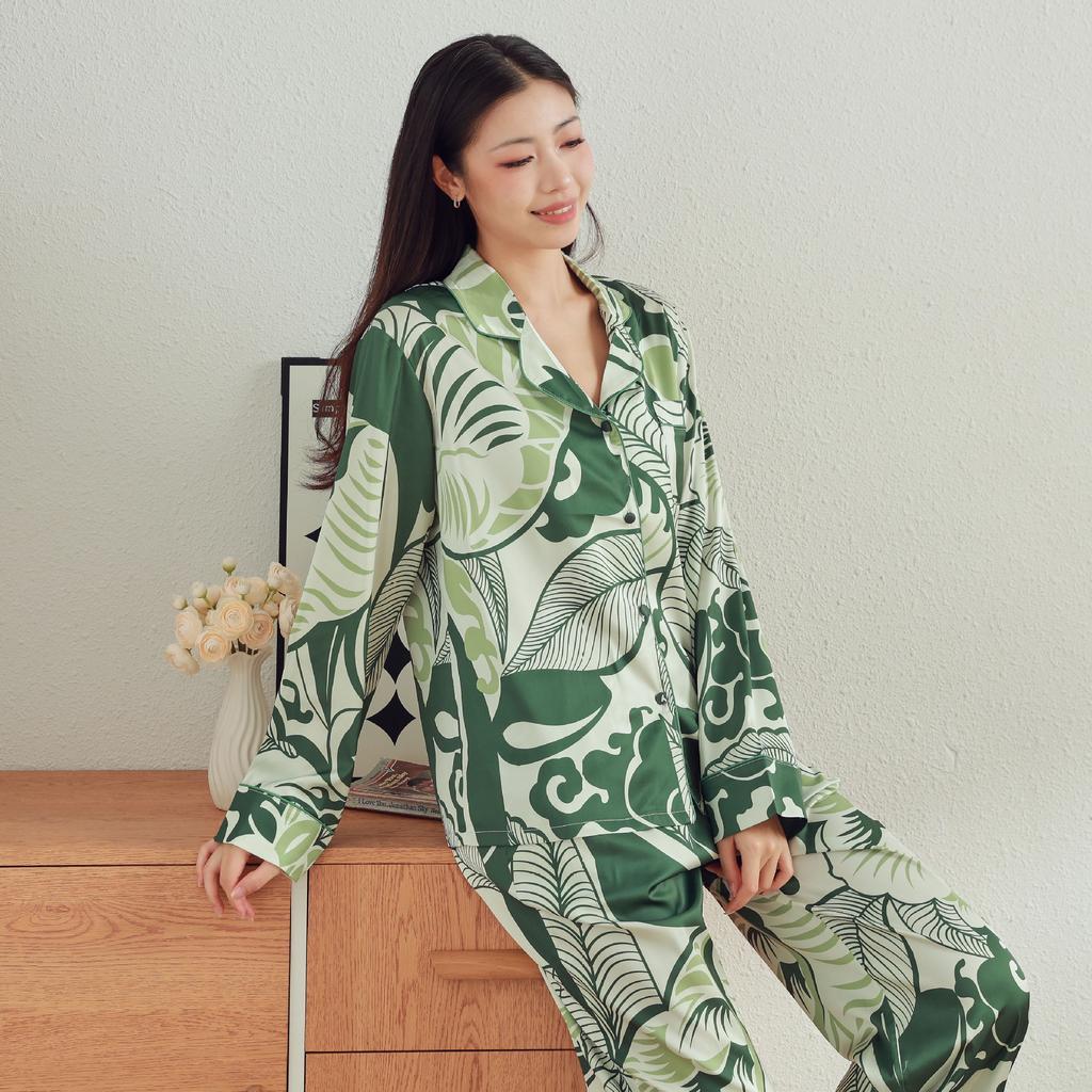 Женский пижамный комплект с зеленым принтом, брюки с длинными рукавами, одежда для дома и отдыха на открытом воздухе, пижамы