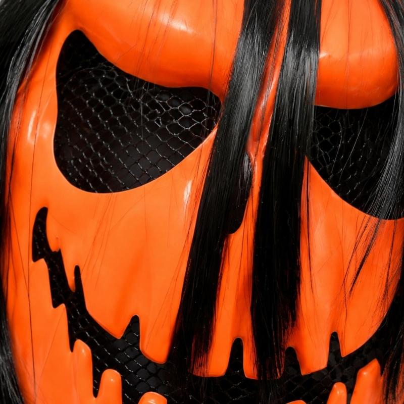 Pull-On Pumpkin Costume Mask with Elastic Strap, Lightweight Molded Shell and Long Black Hair for Halloween Character Costume Play