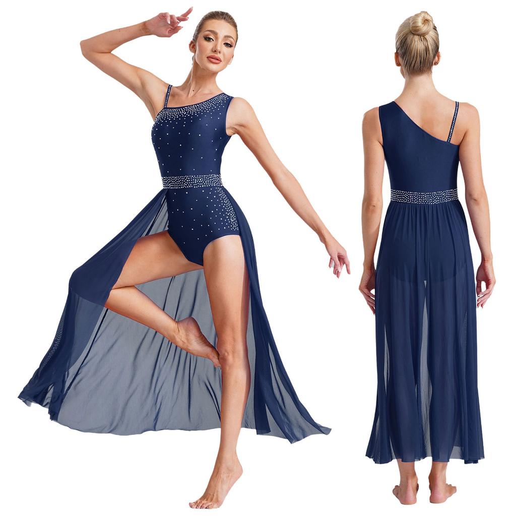 Прозрачное сетчатое платье для лирического танца женское без рукавов с высоким разрезом асимметричное плечо блестящие стразы