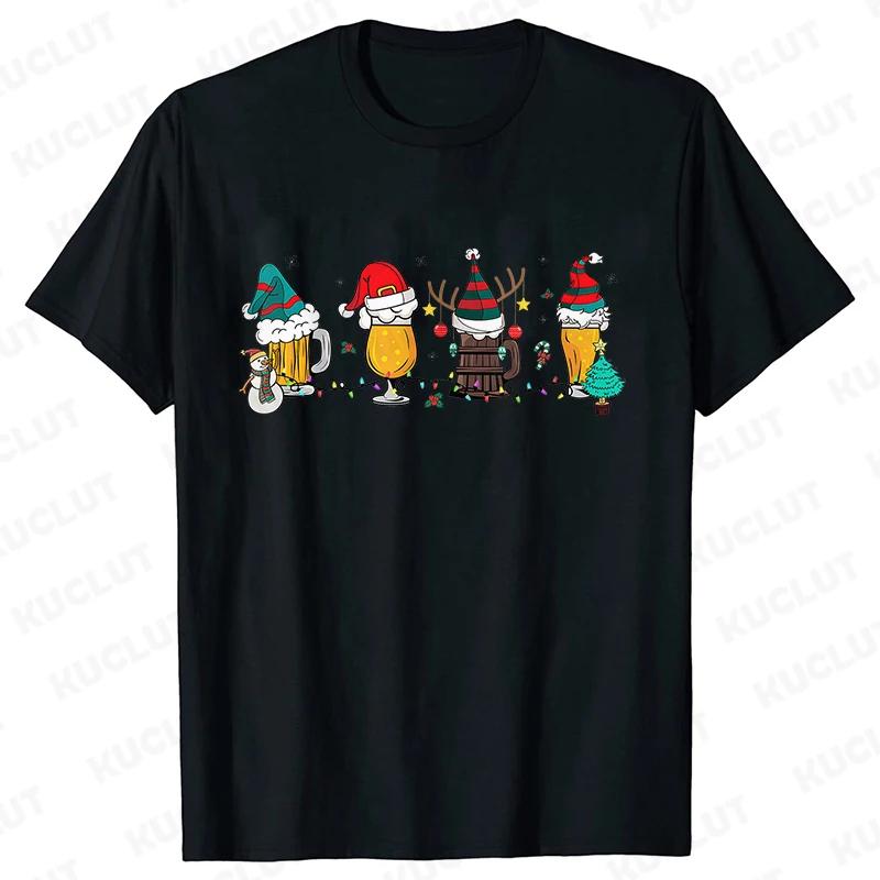Merry Christmas Beers Men's T-shirt Drinking Lover Tees Shirt Funny Santa Beer Christmas Lights Graphic Oversized Tops for Men