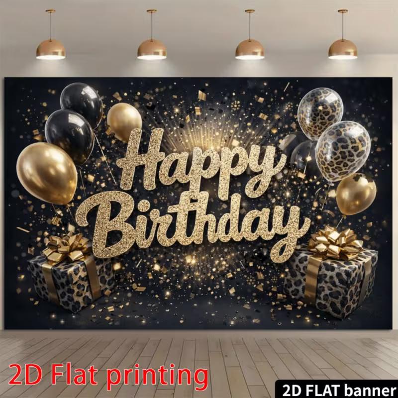 2D Flat Printing Black Gold Glitter Happy Birthday Party Photo Booth Background Cloth