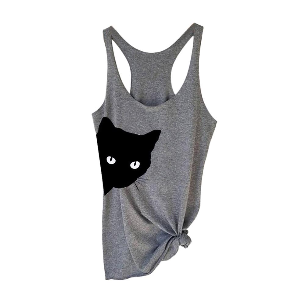 Fashion Women Cat Print Casual Tank Top Blouse Sleeveless O Neck T-Shirt