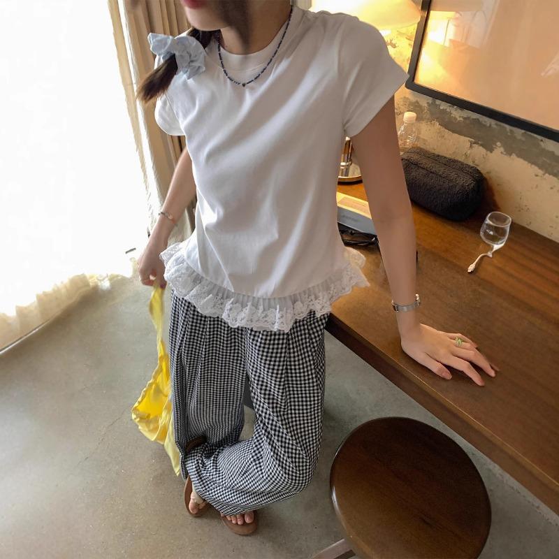 Женская кружевная футболка с короткими рукавами, летняя, облегающая, с базовой рубашкой, топ в стиле пэчворк