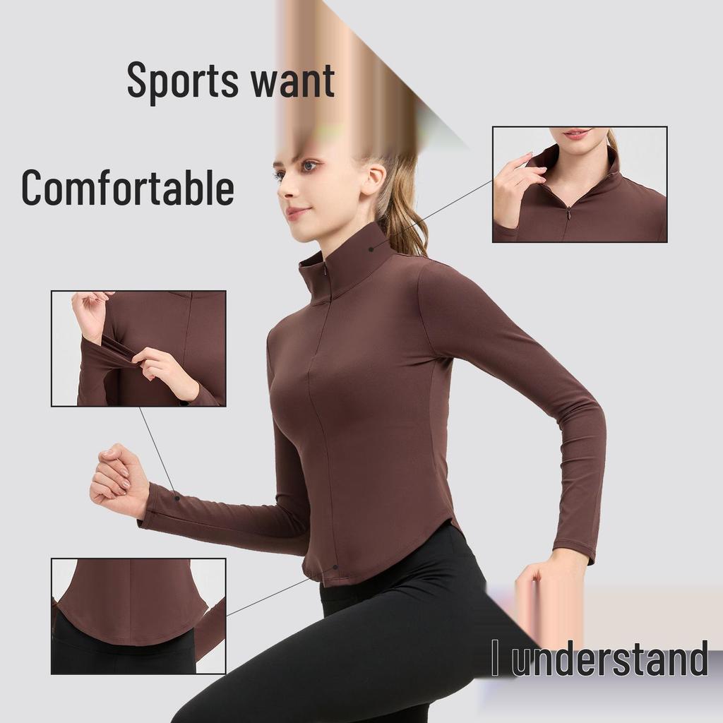 NUF Women's Autumn/Winter Nude-Feel Stand-Collar Half-Zip Yoga T-Shirt - Waist-Slimming Long-Sleeve Fitness Top