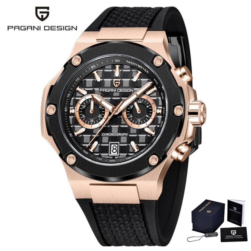PAGANI DESIGN PD-YS032 Men's Quartz Watch 44mm Japan VK64 Movt Stainless Steel Case Rubber Strap Sapphire Glass 100M Waterproof