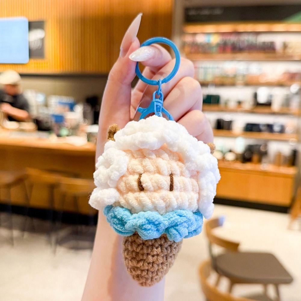 Soft Crochet Sheep Ice Cream Keychain Cute Knitted Lamb Bag Charm  Hanging Decoration