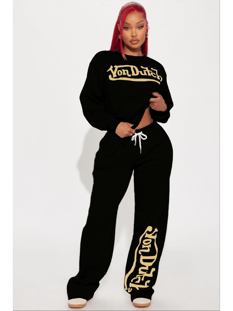 Женский комплект с принтом Von Dutch: Свободная, Повседневная и Модная Уличная Одежда для Комфортной Ежедневной Носки.