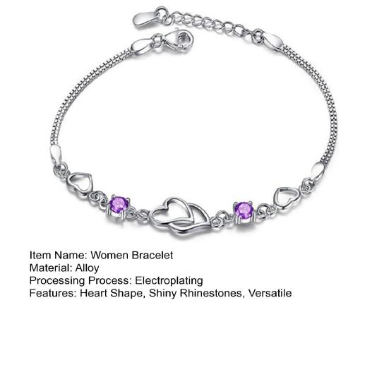Women Bracelet Heart To Heart Cubic Zirconia Birthstone Alloy Bracelet Christmas Gifts Wrist Accessory
