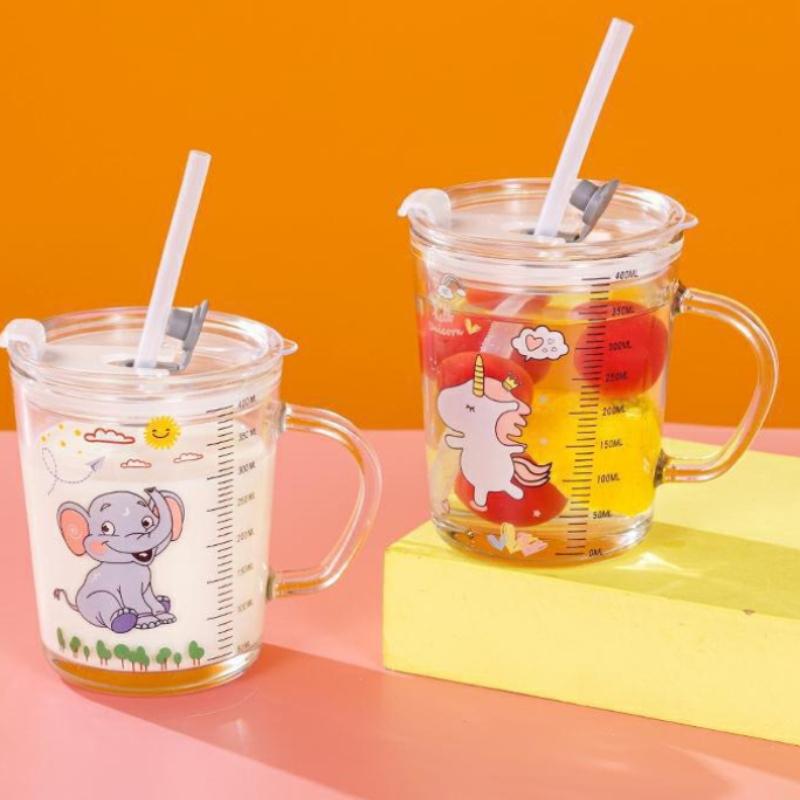 High Quality Kids Straw Cup with Lid and Handle Cute Glass Tumbler with Scale for Water Tea Milk Coffee Elephant Cartoon Pattern