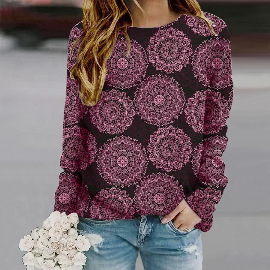 Топы для женщин с принтом «тотемы» с круглым вырезом и длинным рукавом, осенняя повседневная тонкая кофточка, женский топ с длинным рукавом
